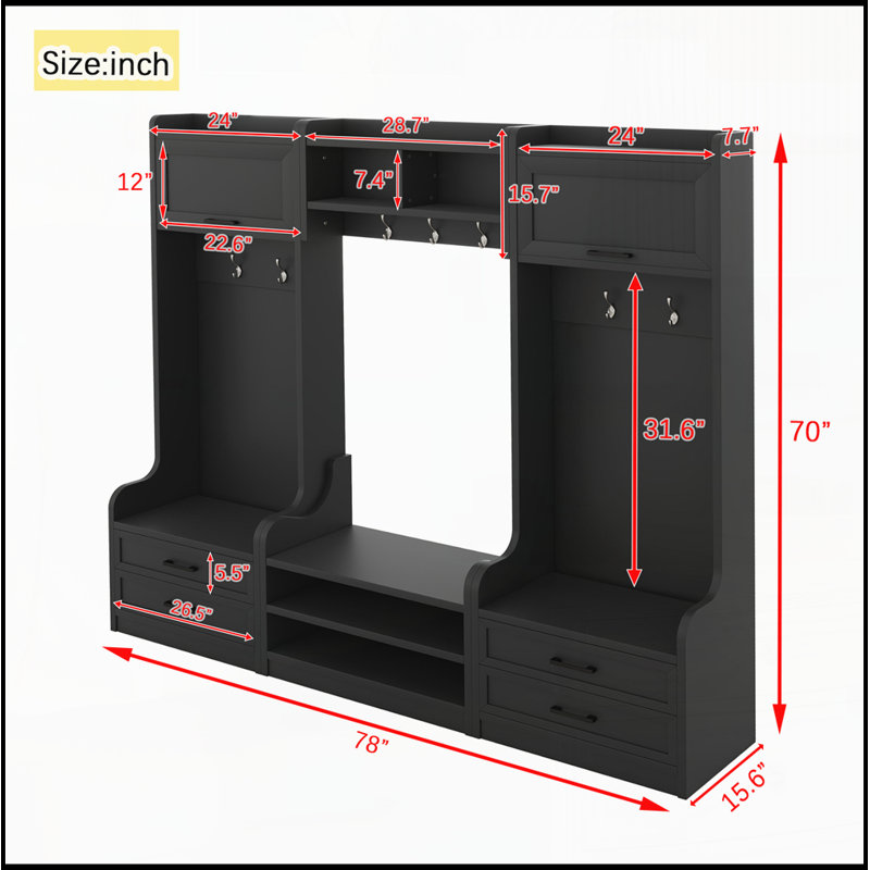 4-in-1 Hall Tree with Storage and 7 Hooks, Multiple Functions Hallway Coat Rack with Storage Drawers and Cabinet, Black