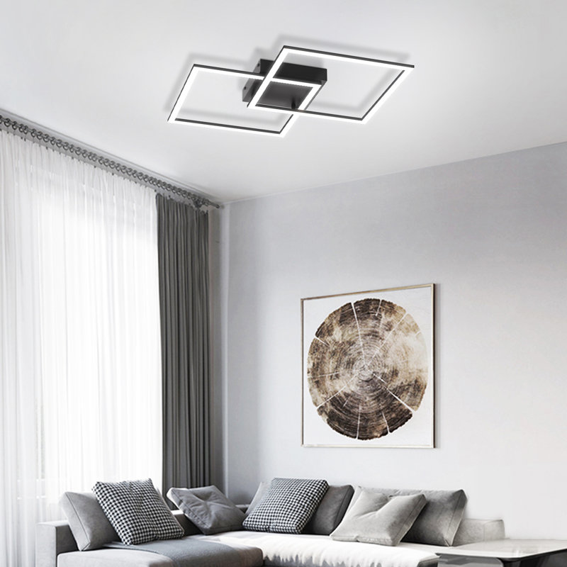 LED Ceiling Light 2-Bulb Square Dimmable Modern with Remote Control Living Room 52W, Black