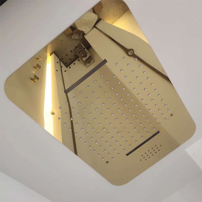 Système de douche thermostatique à DEL dorée avec télécommande et installation au plafond