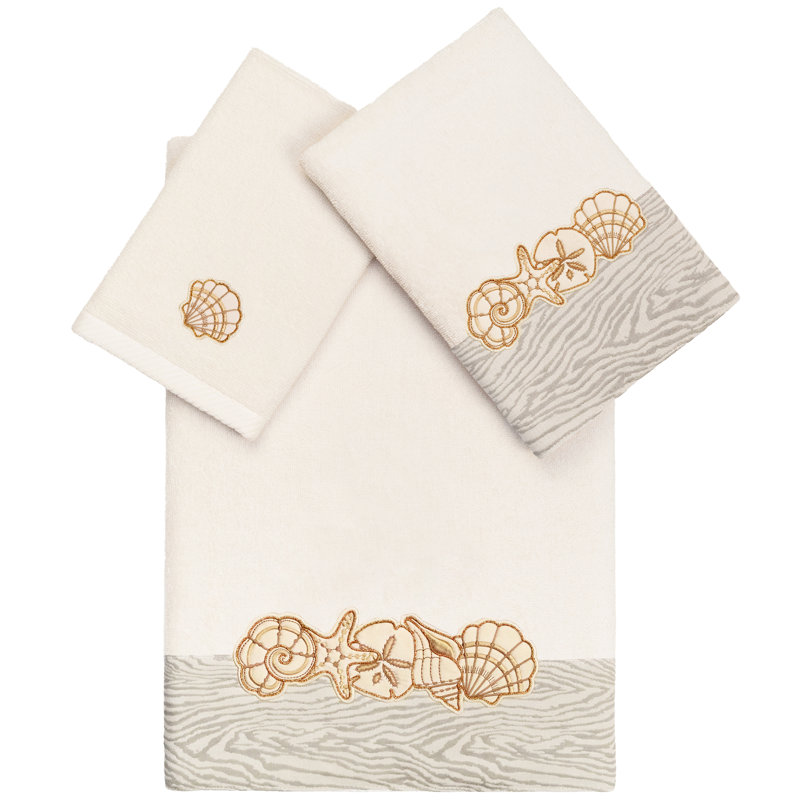 SHELL ROW 3PC Embellished Towel Set 3 Piece 100% Turkish Cotton Towel Set, Beige