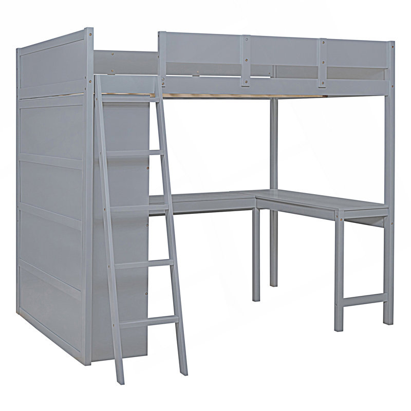 Lit mezzanine double avec bureau et tablette, gris