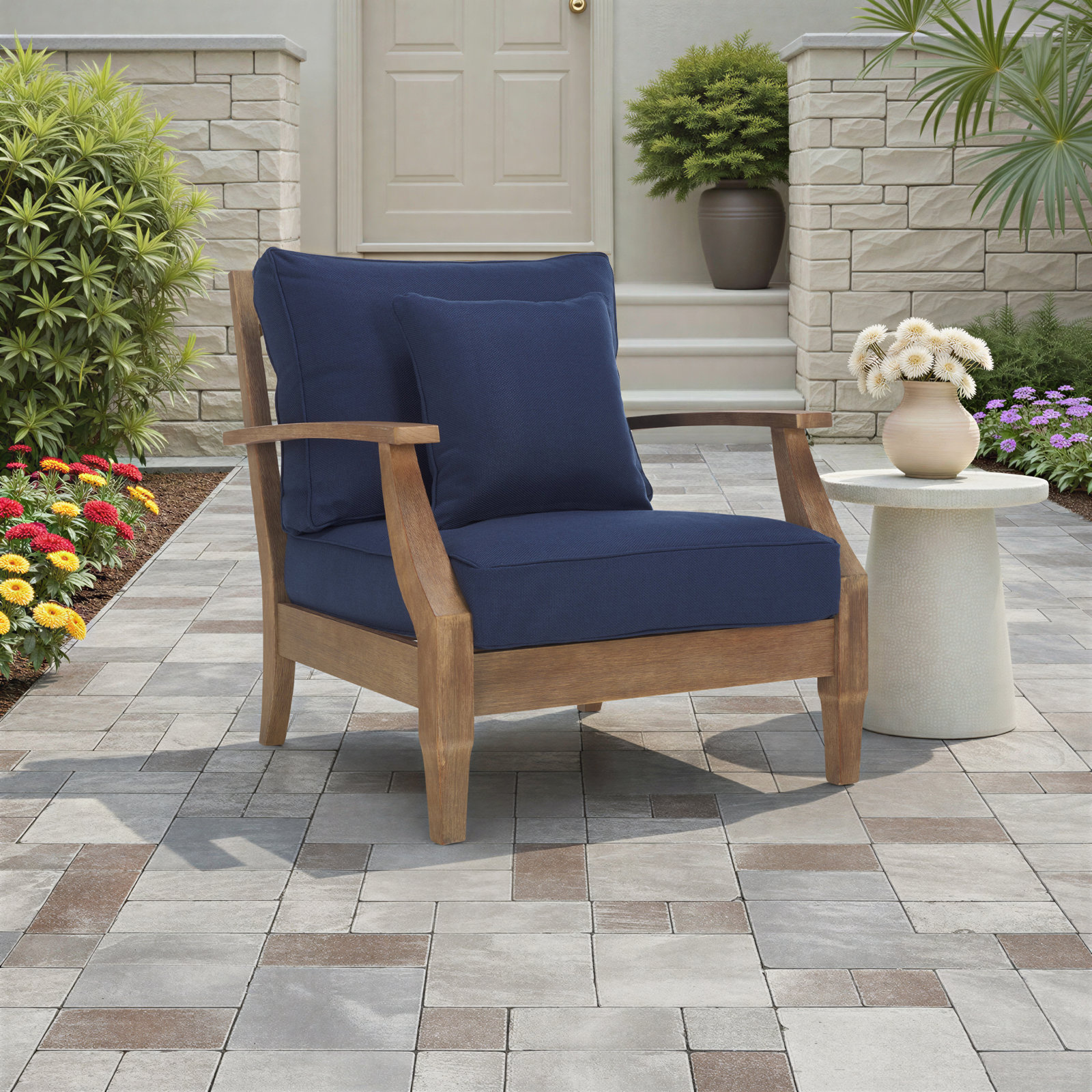 Samya Eucalyptus Patio Lounge Chair, Natural, Navy