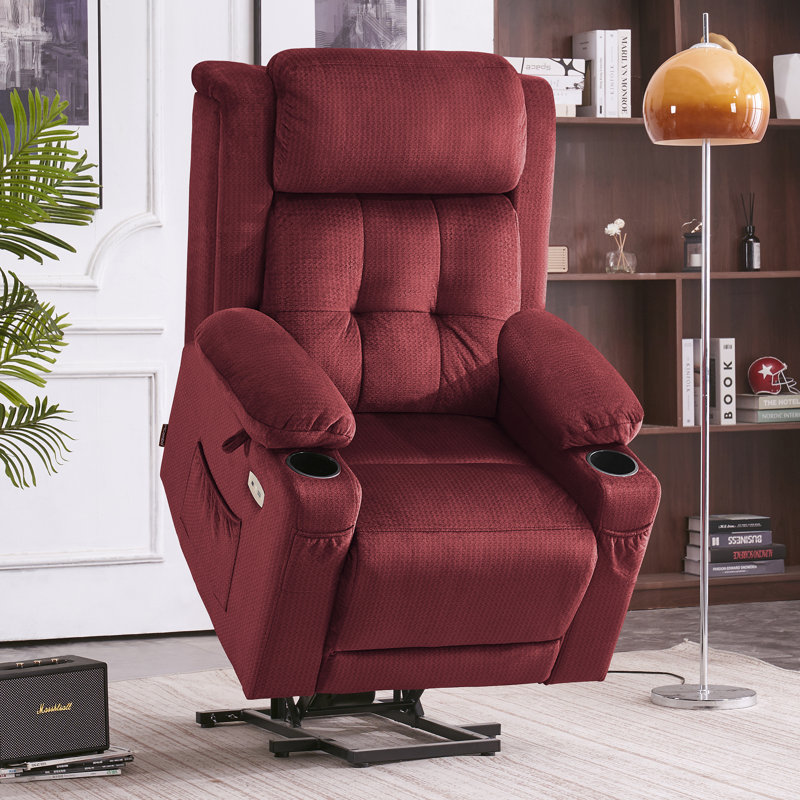 Large Dual Motor Lay Flat Power Recliner Lift Chair With Massage, Heat and Power Headrest, Fabric, Red Fabric