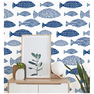  Peel and Stick Wallpaper Coastal Fish Abstract Underwater World Trellis Navy Blue Removable Contact Paper for Home Bathroom Decorations 17.3in x 32.8ft