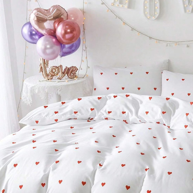 White Bedding Hearts Heart Duvet Cover Soft Microfiber Heart Pattern Bedding Set With Zipper, Red