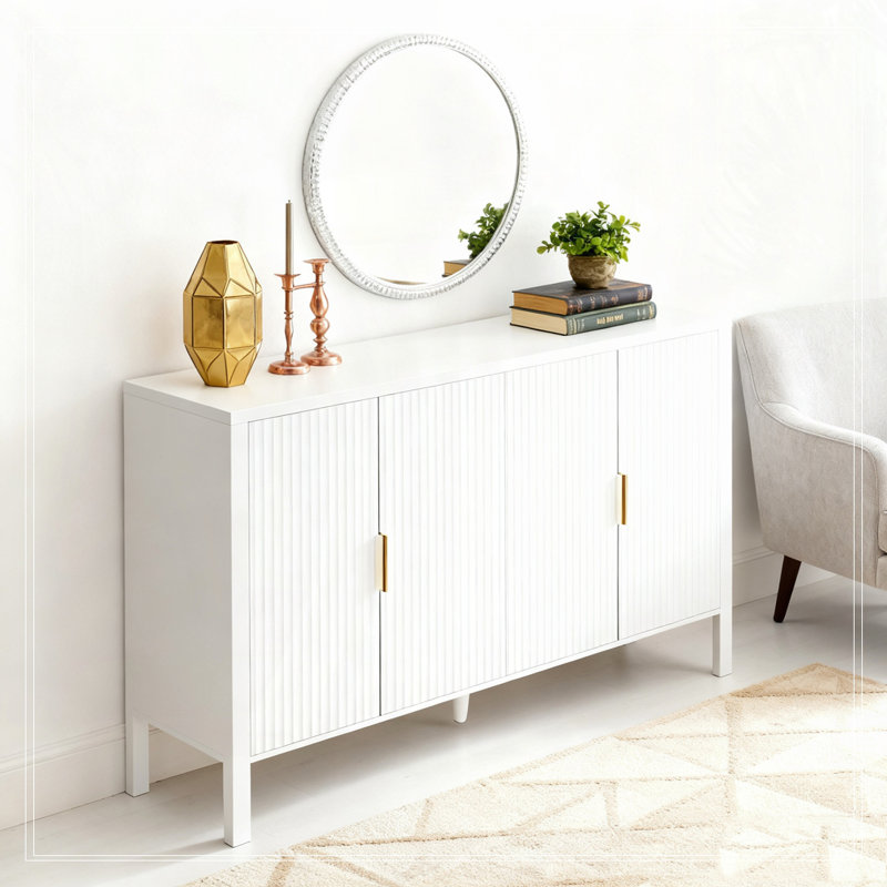 Armoire de rangement 57,5 po à portes rayées, buffet à 4 portes avec supports de rangement à l'arrière et crochets latéraux, tablettes réglables