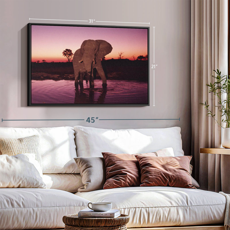 «Elephant Sunrise Bathing», reproduction sur toile, H 21 po x l 31 po