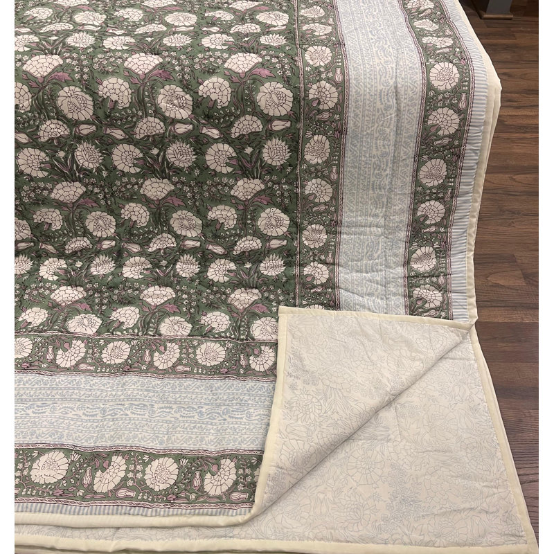 House of Avana Cream & Rose Pink Botanical Floral Jaipur Indian Hand Block Print Quilted Comforter, Queen