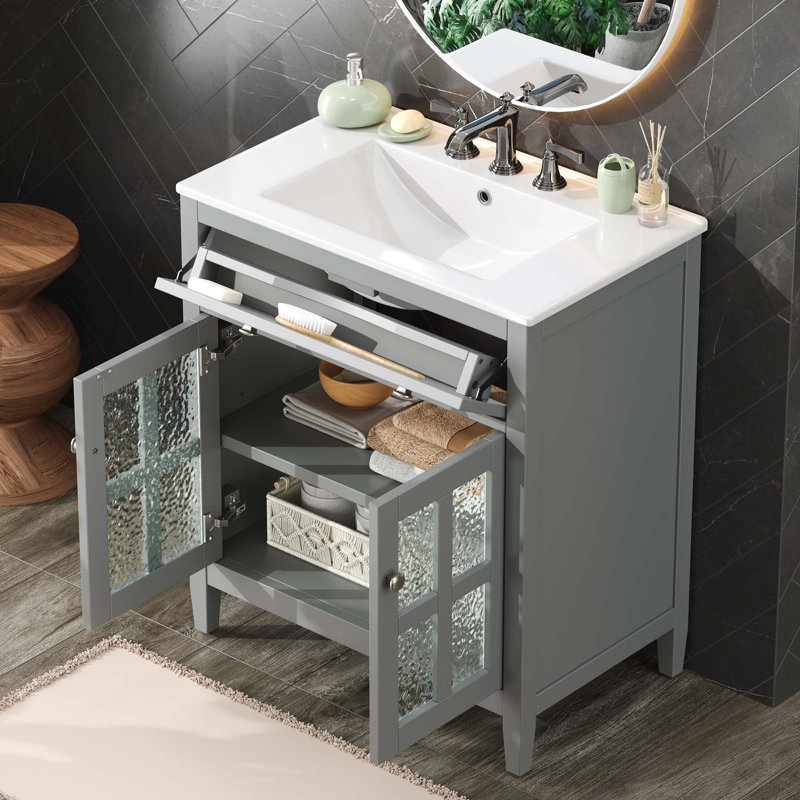Meuble-lavabo de 30 po avec lavabo en céramique, tablette réglable et plateau basculant, meuble-lavabo avec pieds en bois massif, poignées en métal argenté et charnières à fermeture en douceur
