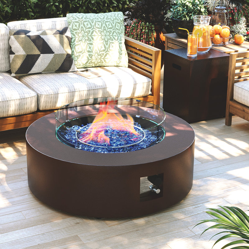  Foyer de table rond 42 po au gaz en fer, avec couvercle de réservoir et pare-vent, Brun