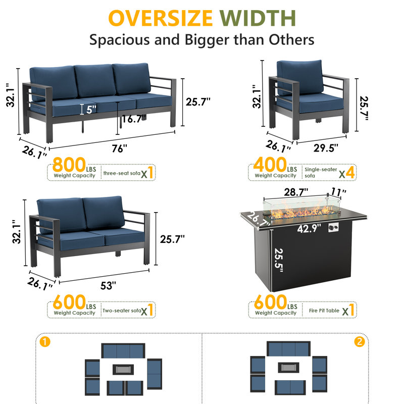 9-Person Sofa Seating Group With Fire Pit, Dark Blue Cushion/Gray Frame