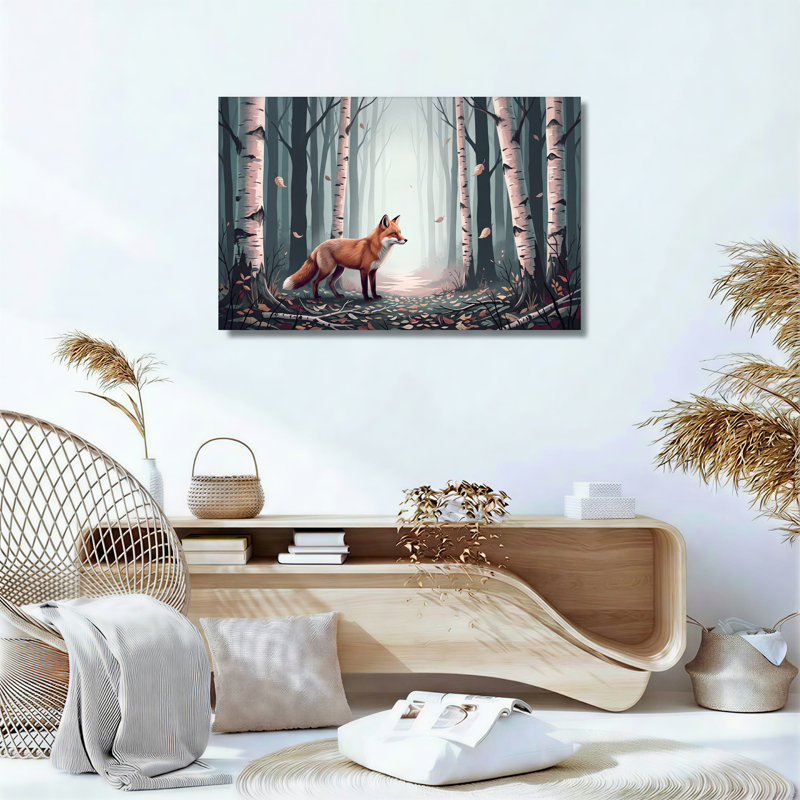 «Red Fox» debout dans une forêt de bouleaux brumeux avec des feuilles tombées, art mural, 20"H x 30"W