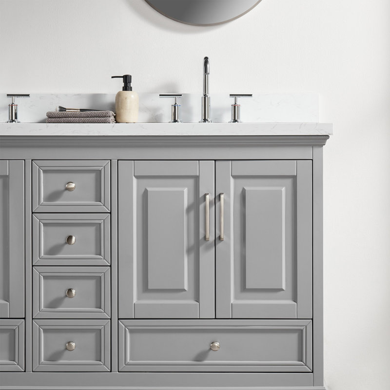 Meuble-lavabo double autoportant de 60 po avec pierre artificielle entièrement assemblé, Gray