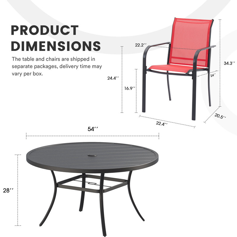 Ensemble de salle à manger de patio rond pour 8 personnes - Table ronde avec trou pour parasol, 8 chaises empilables, Rouge