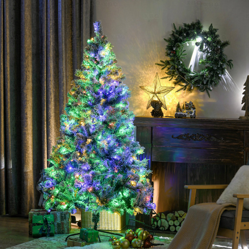 Arbre de Noël artificiel illuminé 6 pi, décoration des Fêtes, 607 branches enneigées, 350 lumières DEL blanc chaud / coloré, base en acier