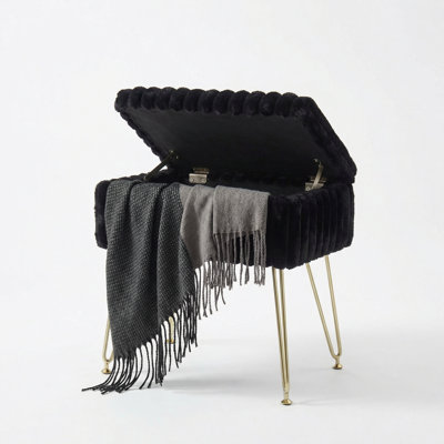 Faux Fur Uphosltered Vanity Stool with Storage and Metal Legs by Mercer41