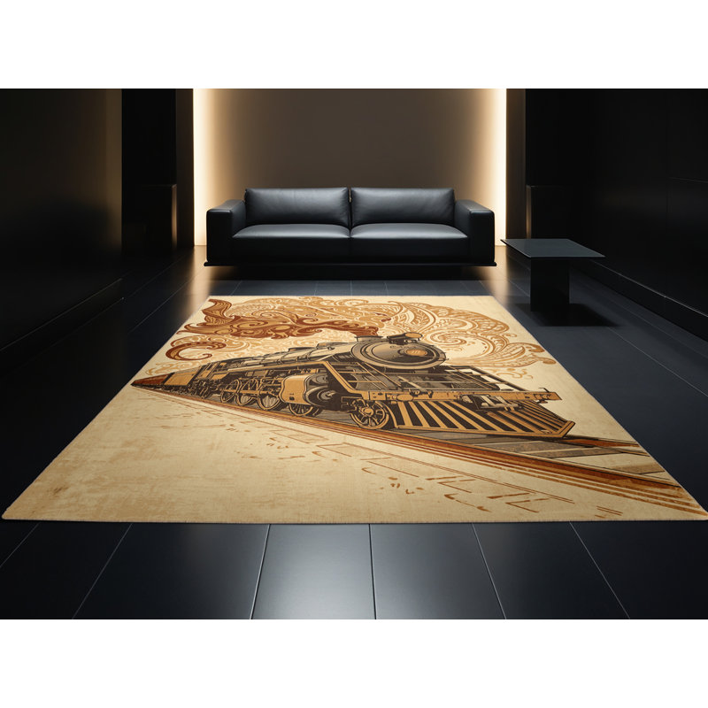 Machine Washable Eldred Steam Locomotive Train Vintage Vintage Look Rug in Brown – Beige Binding, 7x10