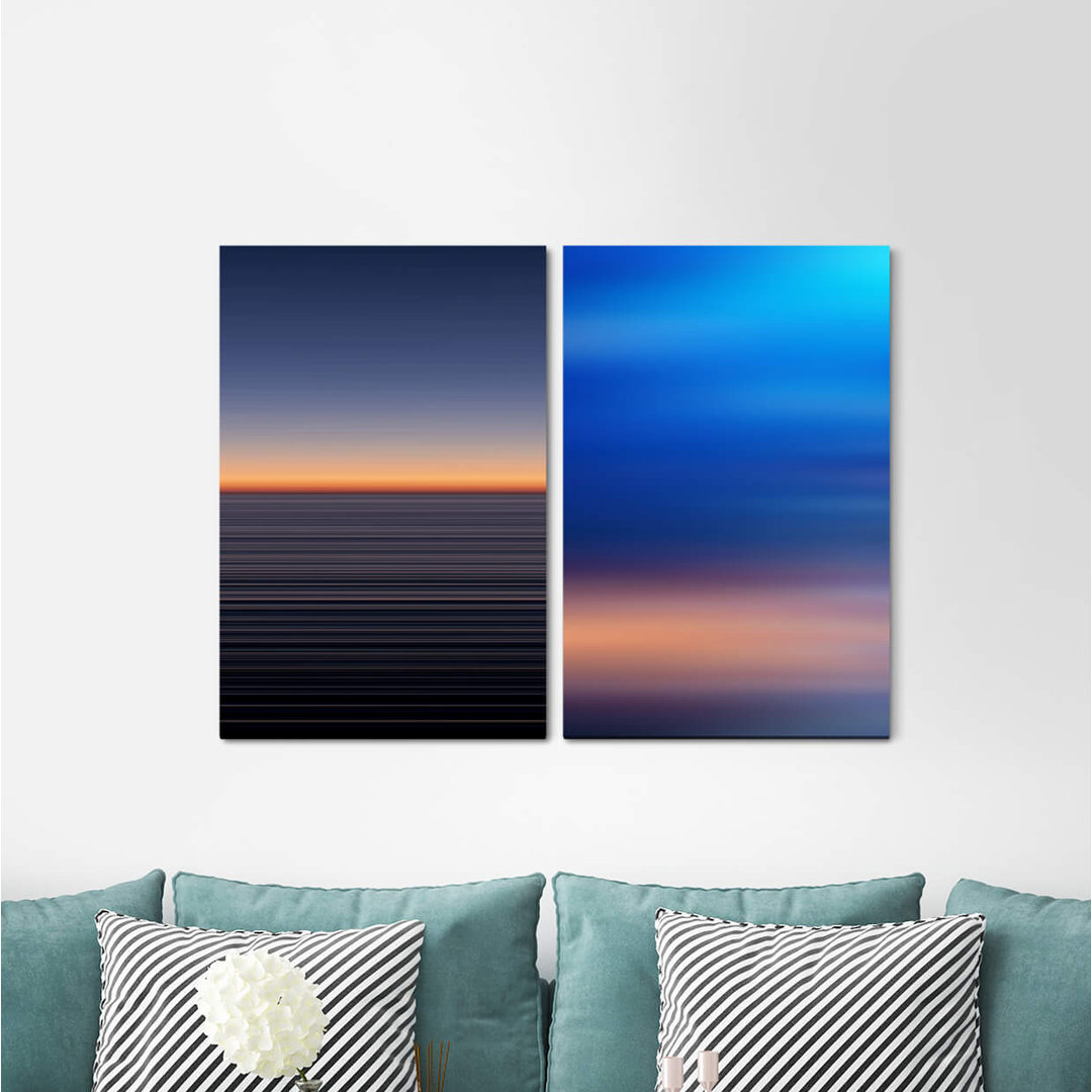 2-tlg. Leinwandbilder-Set - Grafikdruck „Horizon Blue Sky Minimal Evening Red Harmonious”