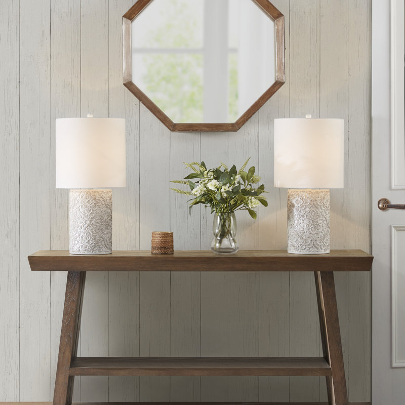 Ivory Floral Embossed Resin Cylinder Table Lamp with 3-Way Switch