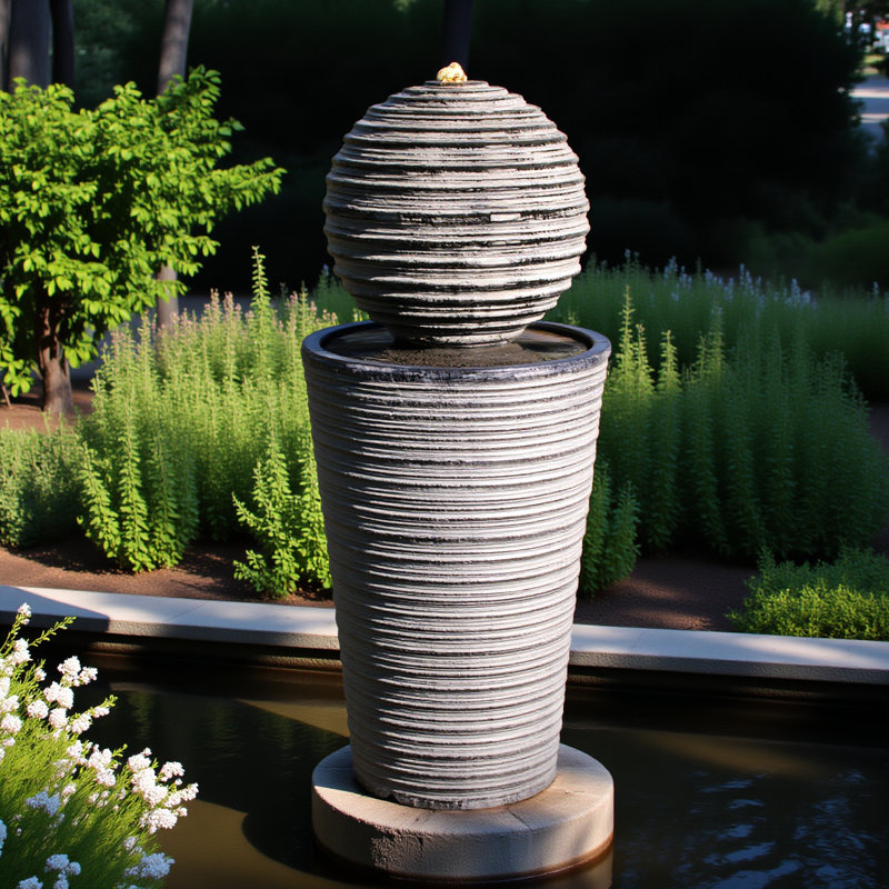31.5"h Tall Striped Concrete Column Fountain-led Light,shadow Ambiance Maker For Modern Outdoor Spaces