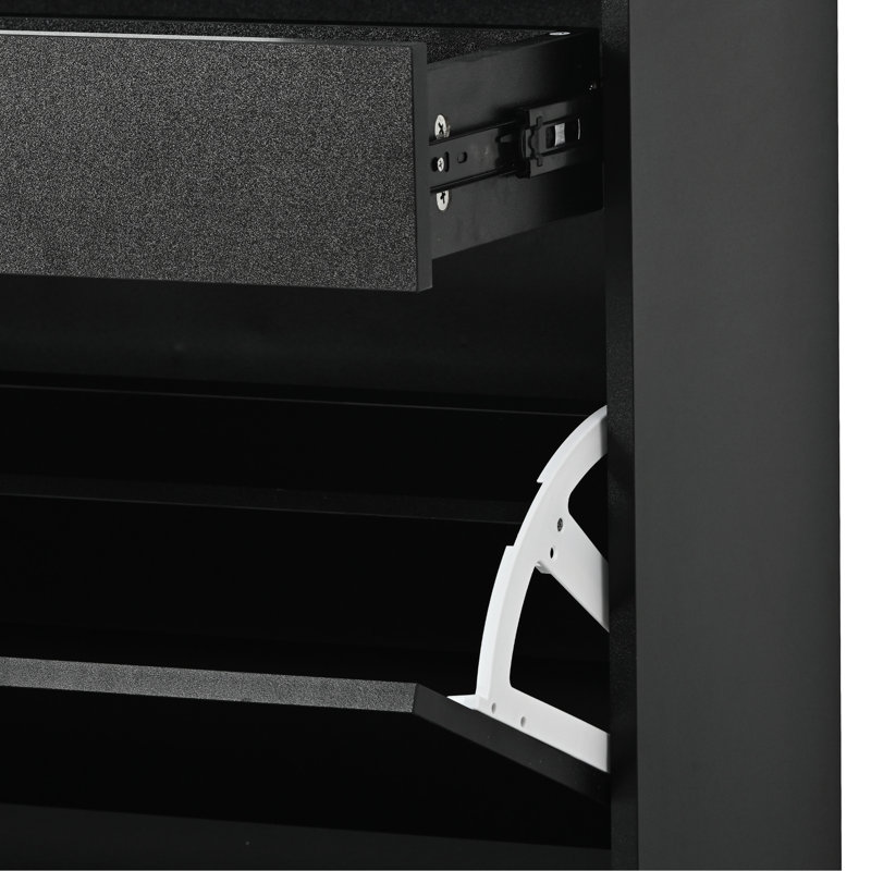 Range-chaussures pour hall d'entrée avec 2 tiroirs rabattables, panneau de particules noir, s'adapte à toutes les tailles de plateau de rangement en verre trempé élégant, espace supplémentaire pour les accessoires