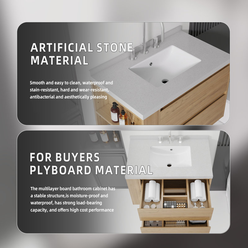 Meuble-lavabo de 76 cm avec lavabo intégré, armoire suspendue en contreplaqué, lavabo en céramique, comptoir et dosseret en marbre reconstitué, 2 tiroirs à fermeture amortie, tablette latérale ouverte, chêne