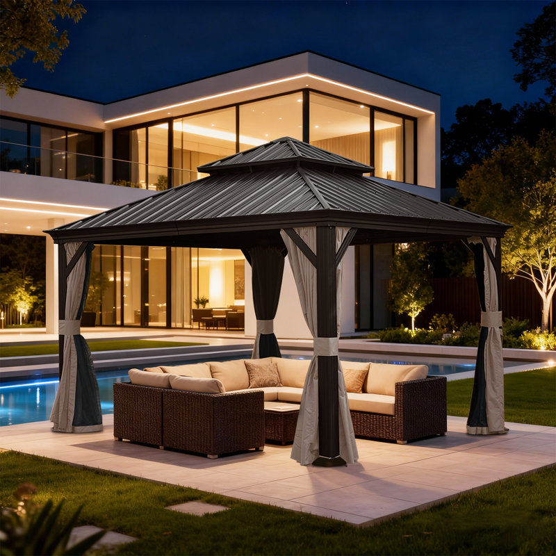 Outdoor Galvanized Steel Patio Gazebo with Double Roof, 124.25" H x 156.14" W x 156.14" D, Brown