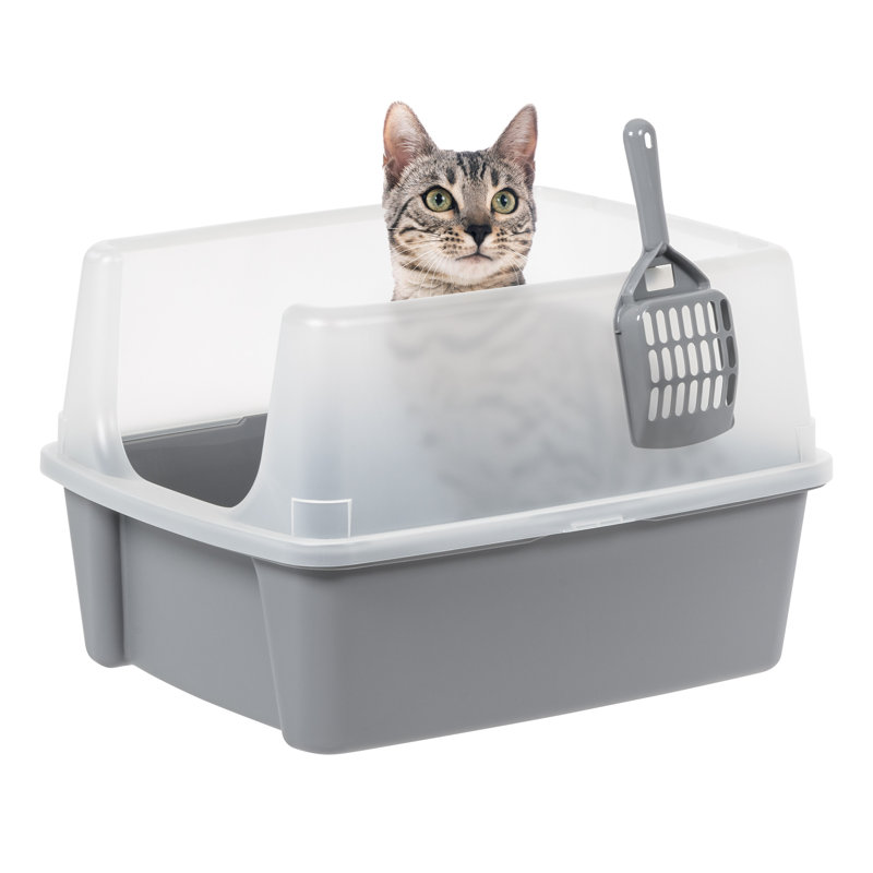 Gray Plastic Enclosed Cat Litter Box with Scoop