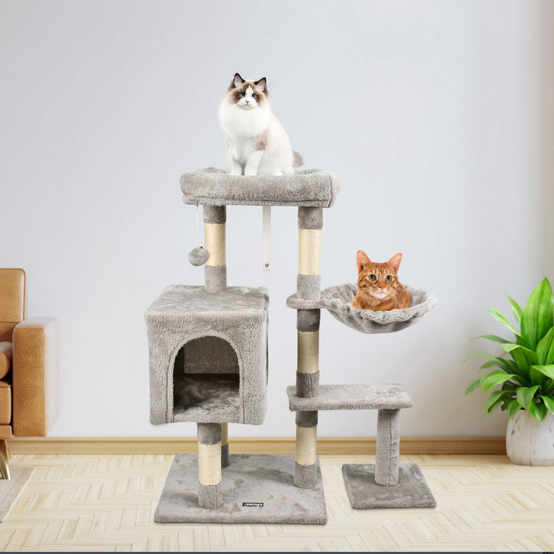 GOOPAWS 37-in Faux Fur Cat Tree & Condo with Basket, Grey