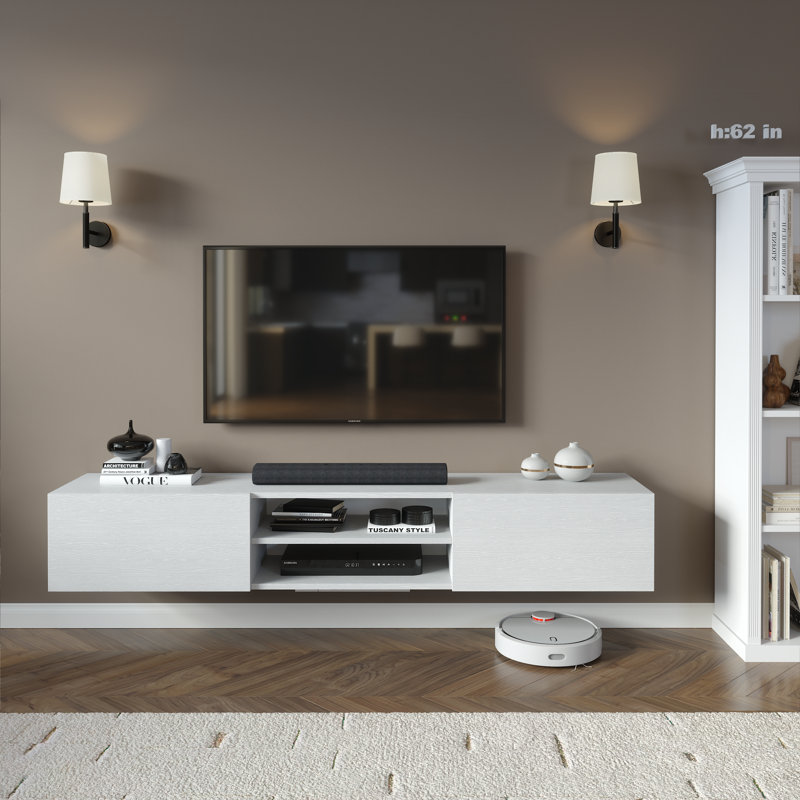 Plemons Modern Floating TV Stand – Minimalist Wall Mounted Media Console with Storage for TVs up to 80", White Wood Finish