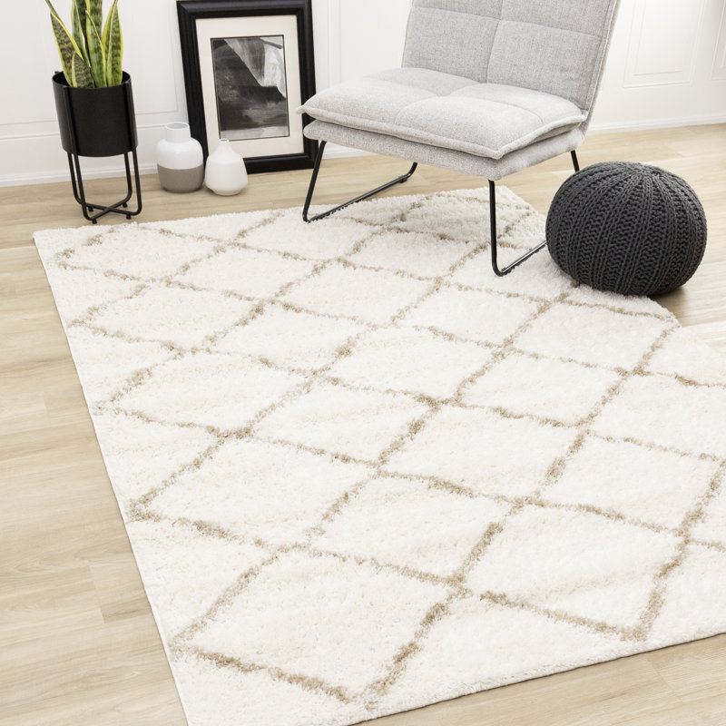 Bonilla Cream Beige Trellis Geometric Shag Rug, Rectangle 6'7" x 9'7"