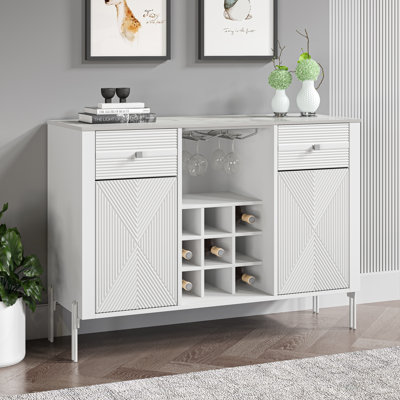 Breeonna 42" Freestanding Bar Cabinet with Faux Marble Top, Modern Liquor Storage with Wine & Glass Rack