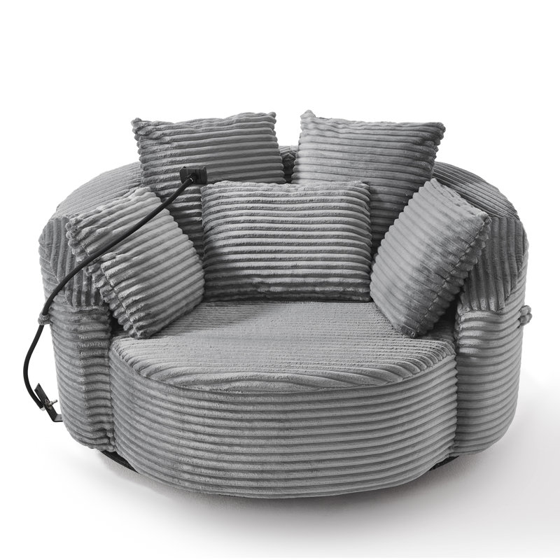 Fauteuil d'appoint rond en velours côtelé 360 ° avec 5 coussins décoratifs et support de téléphone réglable, Gris