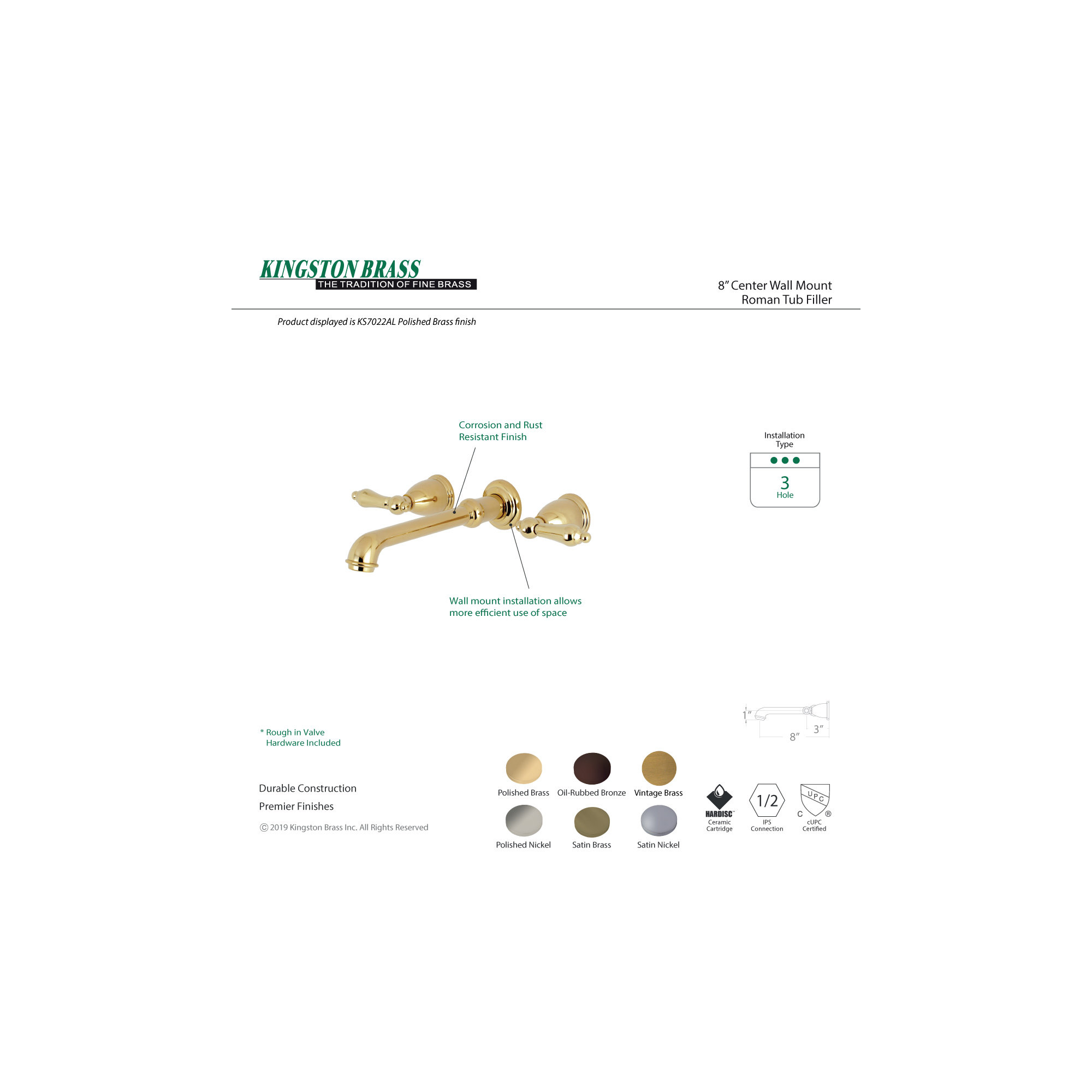 Kingston Brass English Country Two-Handle 3-Hole Wall Mount Roman Tub Faucet, Satin Brass