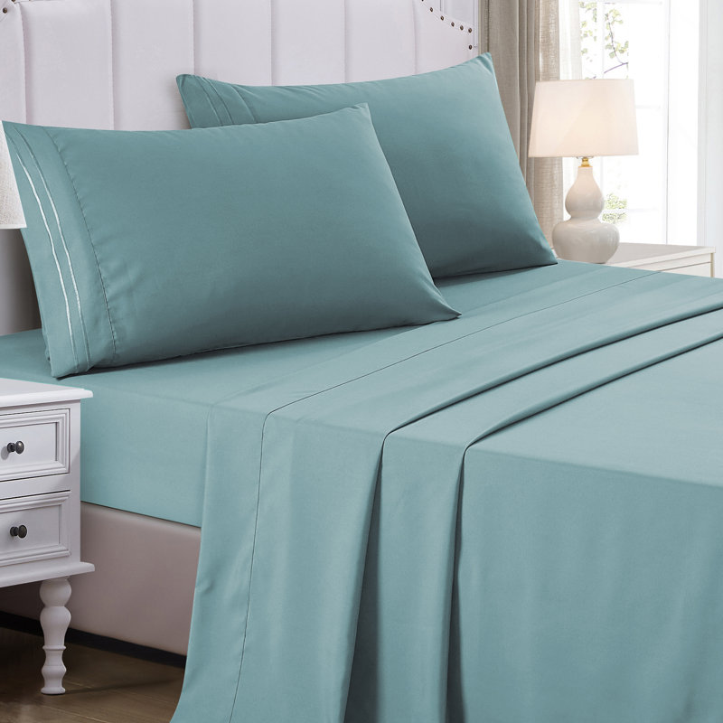 Ensemble de draps en microfibre Jcrown, Bleu, Ensemble de draps pour grand lit avec 2 taies d'or