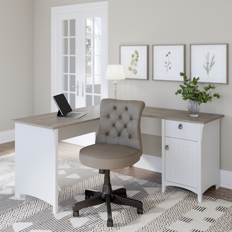 Ozro L-Shaped Executive Desk, Shiplap Gray/Pure White