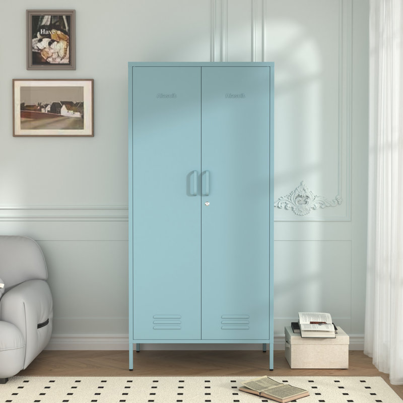 Metal Armoire Wardrobe Closet, 67" Tall Blue Lockable Wardrobe Cabinet with 2 Doors, Hanging Rod and Adjustable Shelves, Steel Clothing Storage Cabinet for Bedroom, Home, Cloak Room, Gym, Office