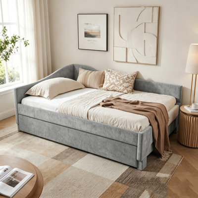 Curved Round Edge Padded Backrest Daybed, Vintage Nailhead Trim Chenille Daybed with Pull-out Trundle and USB Port