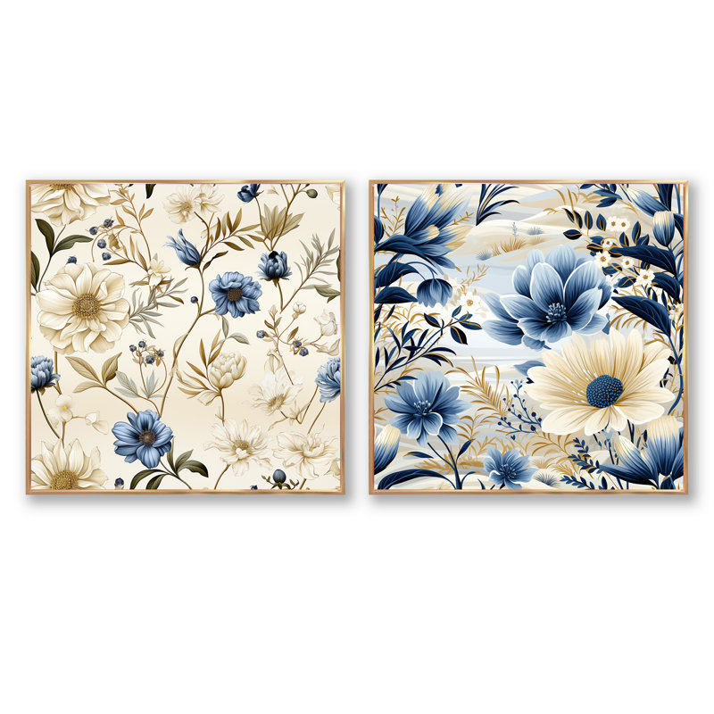 Botanical Sketches III - Ensemble de 2 collages floraux carrés, Cadre flottant doré, H 36 po x l 73 po