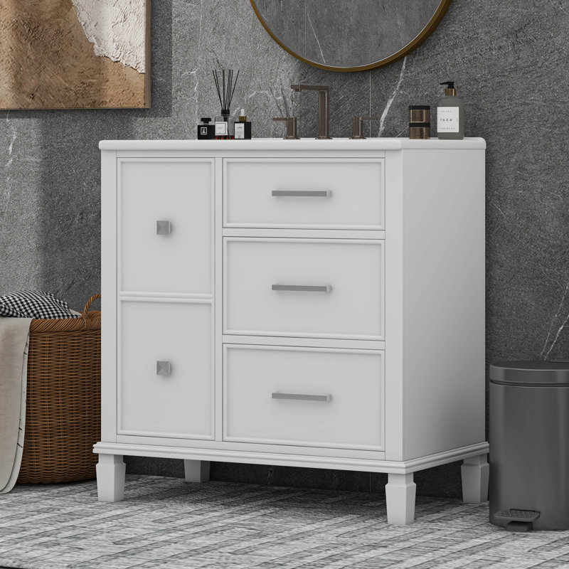 30 Inch Bathroom Vanity With Ceramic Sink, Flip-Out Drawer, White