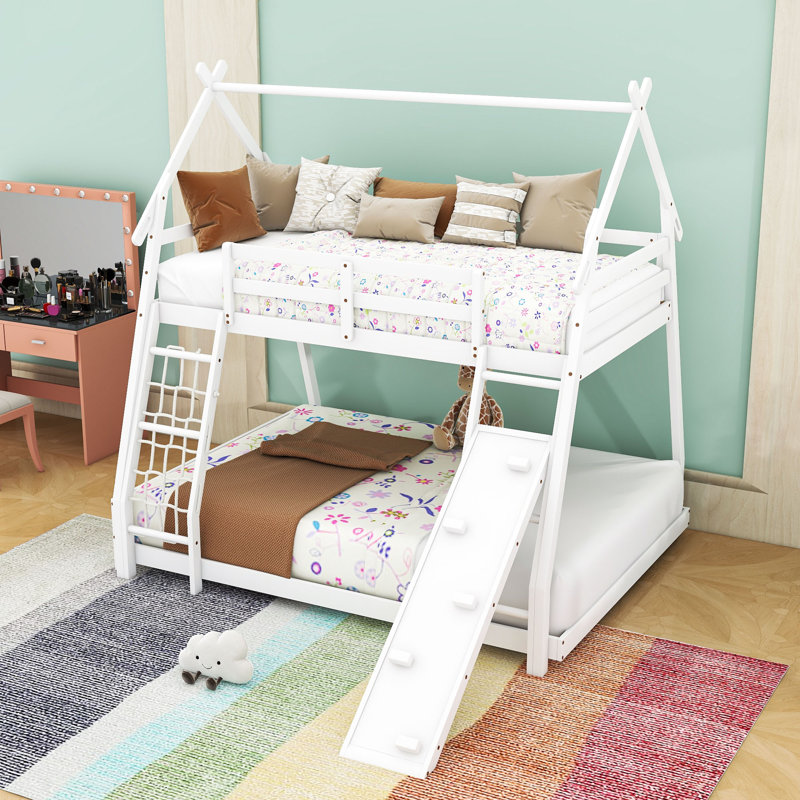 Twin Over Queen Bunk Bed With Climbing Nets And Ladder, White