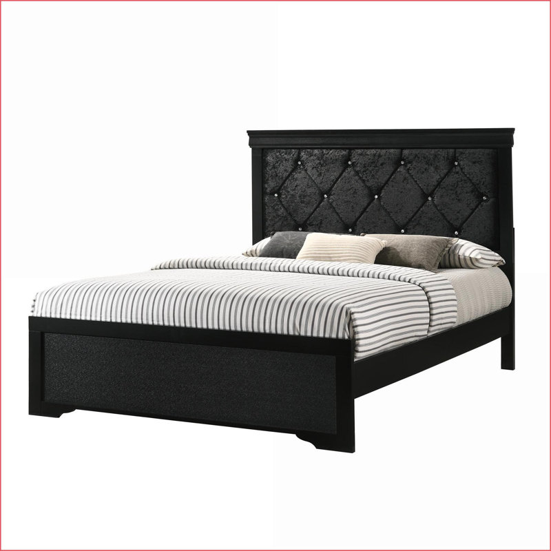 Grand lit à panneau en bois avec tête de lit capitonnée en cristal - noir pour chambre principale / d'amis, Grand lit