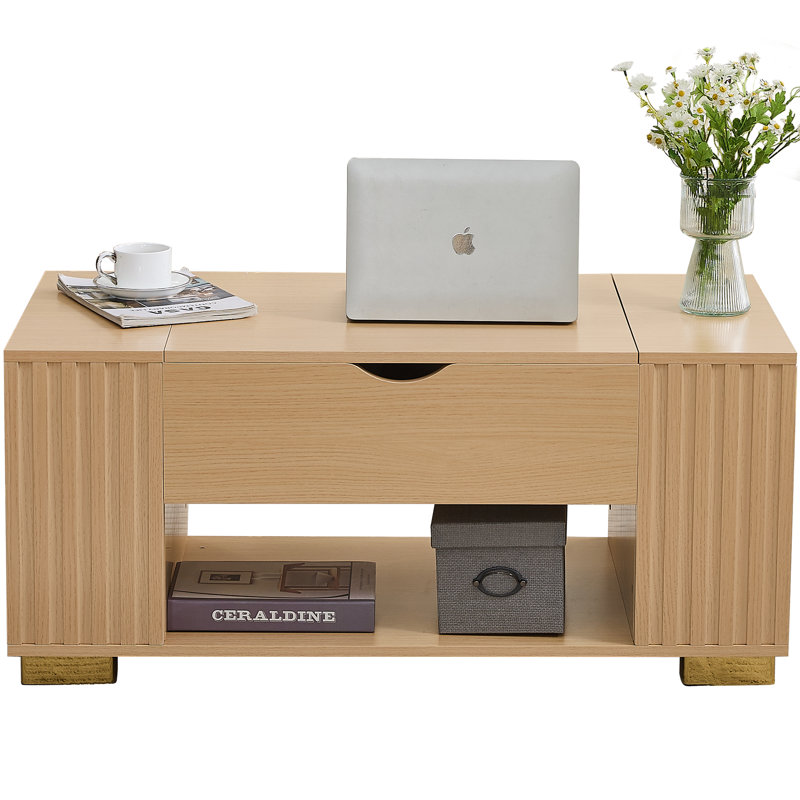 Table basse à plateau relevable avec rangement pour le salon, les espaces ouverts et le compartiment caché, Chêne