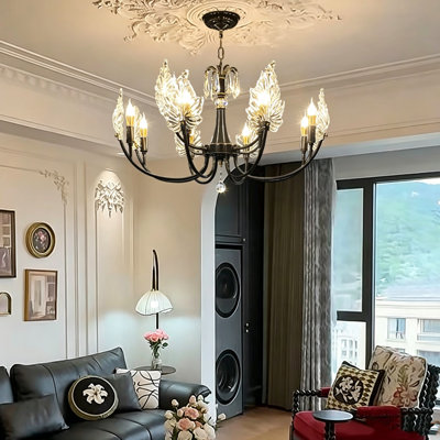 Lustre européen de style Mid-Century en laiton massif de 62 cm (24,41 po) avec abat-jour en cristal en forme de feuille – Suspension vintage luxueuse pour salon ou salle à manger