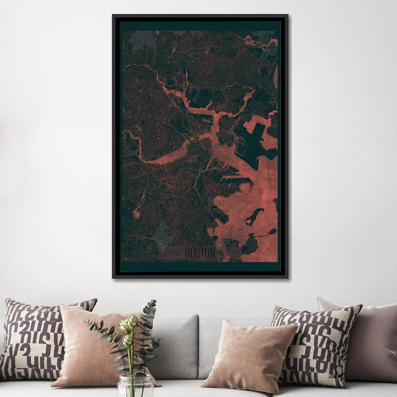 « boston infrared urban blueprint map », reproduction d’impression sur toile, H 26 po x l 18 po x P 1,5 po, Pas de tapis