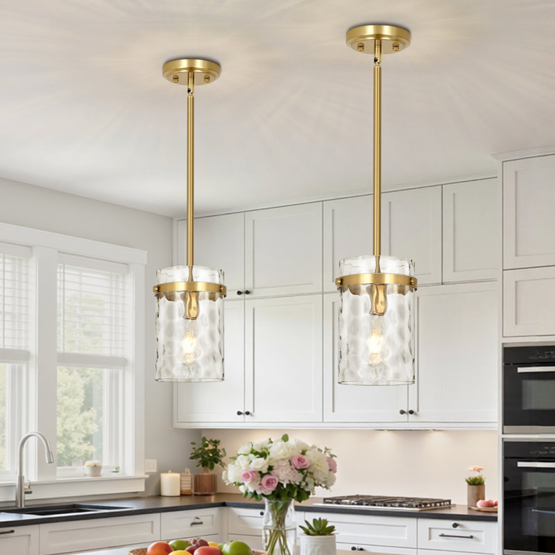 Levona 1 - Light Medium 5.1" Wide Cylinder Hammered Glass Kitchen Island Pendant(Set of 2), Gold