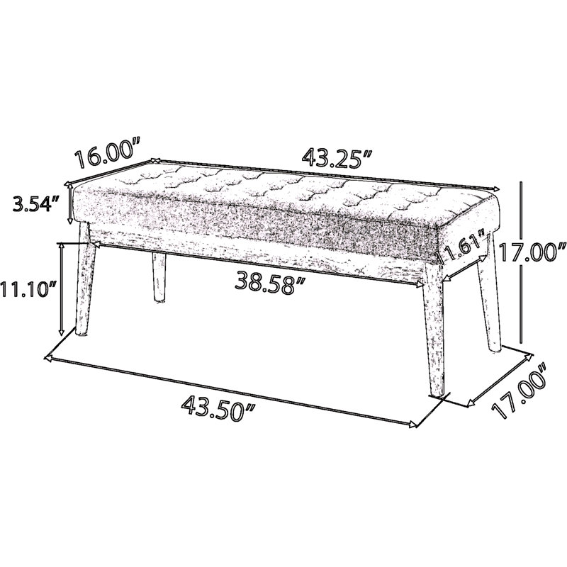 Banc en tissu capitonné Mid-Century avec pieds en bouleau, gris clair, largeur 43,5 po