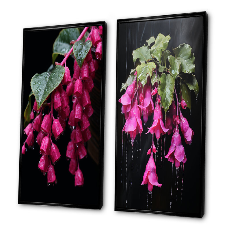 Colibri rose fuchsia I - ensemble de 2 décorations murales rose fuchsia, Cadre flottant noir, H 32 po x l 33 po