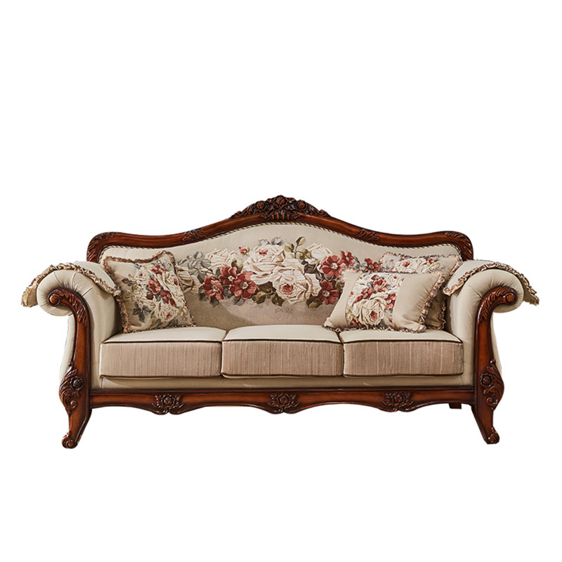 Canapé de style européen en bois massif avec accoudoirs arrondis de 84,6 po