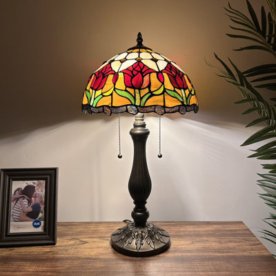 Tiffany Table Lamp Stained Glass Red Tulips LED Bulbs Included 12"W*12"D*22"H
